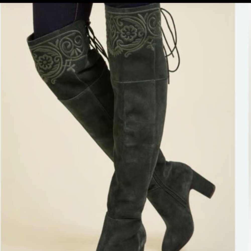 Nanette Lepore Green Suede Embroidered Heeled Boots - Picture 10 of 10